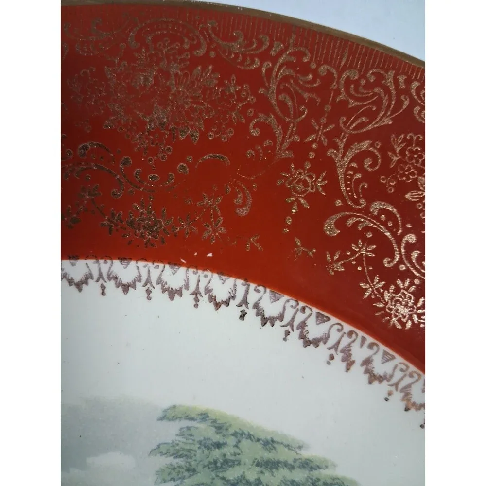 Salem Century Victorian Decorative Plate 23K Gold Red Rim Ceramic Made in USA